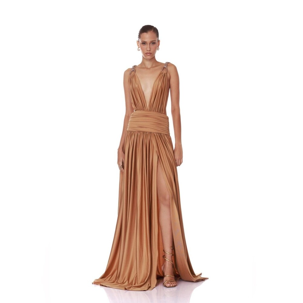 NWOT BRONX BANCO Tula Embellished Gown, Bronze Camel Deep V Plunge Maxi Dress, S